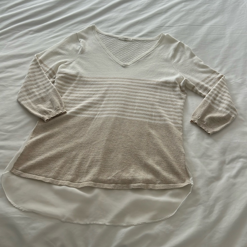 Women's pointelle stitched colorblock pullover sweater with chiffon back